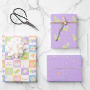 Feuille De Papier Cadeau Ensemble de motifs d'anniversaire violet pastel
