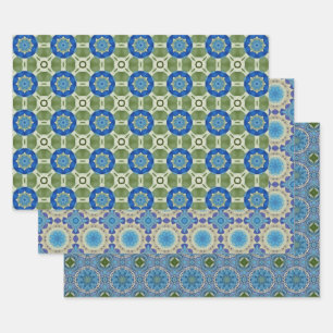 Feuille De Papier Cadeau Ensemble de Motifs ethniques sans couleur bleue 2