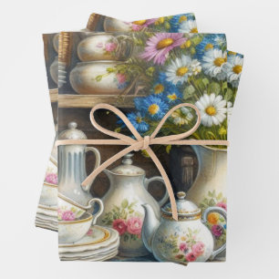 Feuille De Papier Cadeau Ensemble de thé vintage et fleurs sauvages