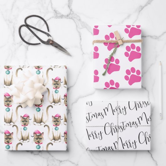Feuille De Papier Cadeau Enveloppement de chats siamois de Noël (Recto)