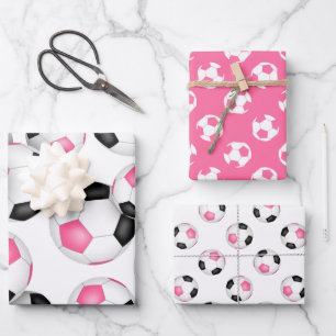 Feuille De Papier Cadeau équipe rose noir couleurs soccer 3 pc variété