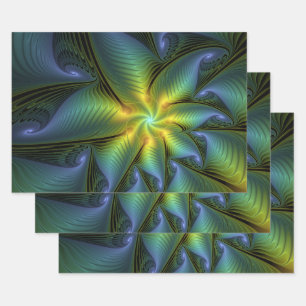 Feuille De Papier Cadeau Etoile Abstraite, Bleu brillant Vert Or Fractal Ar