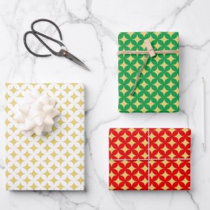 Feuille De Papier Cadeau Étoile de diamant doré sur fond vert, rouge et bla