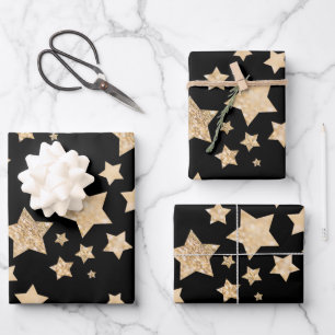 Feuille De Papier Cadeau Etoiles brillantes or Joyeux Noël Fête Noir