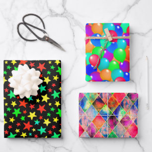Feuille De Papier Cadeau Étoiles colorées Ballons Jacquard Happy Joyful Fun