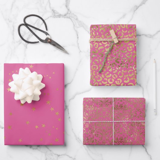 Feuille De Papier Cadeau Étoiles de glam rose Girly (Recto)