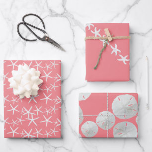 Feuille De Papier Cadeau Étoiles de mer Dollars de sable Coquillages roses 