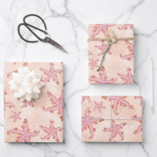 Feuille De Papier Cadeau Étoiles de mer et motif pastel rose corail