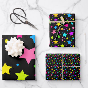 Feuille De Papier Cadeau Étoiles de néon en noir
