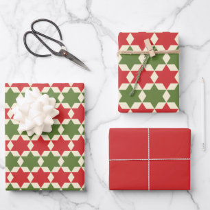 Feuille De Papier Cadeau Étoiles de Noël en rouge rétro, vert olive et c
