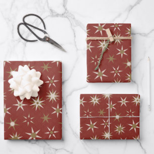 Feuille De Papier Cadeau Etoiles de Noël Gold Geo - sur motif rouge.