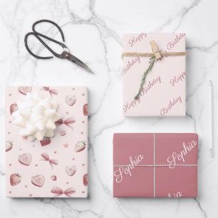 Feuille De Papier Cadeau Étoiles de ruban rose fraise Coeurs