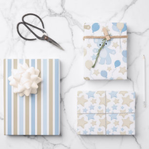 FEUILLE DE PAPIER CADEAU ÉTOILES DE STRIPES NOUNOURS BLEU & TAN