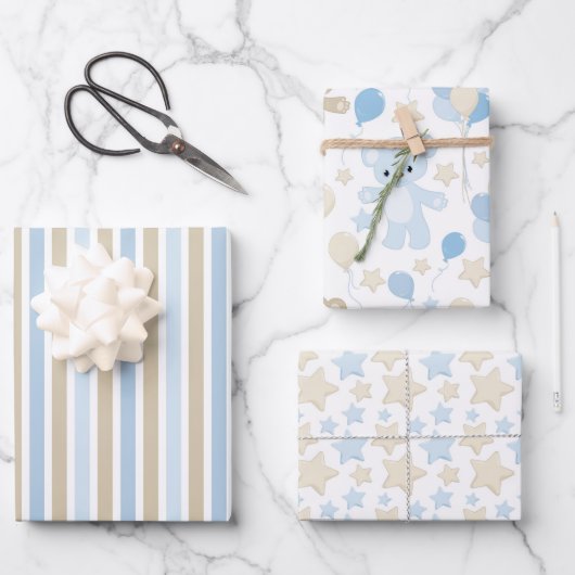 FEUILLE DE PAPIER CADEAU ÉTOILES DE STRIPES NOUNOURS BLEU & TAN (Recto)