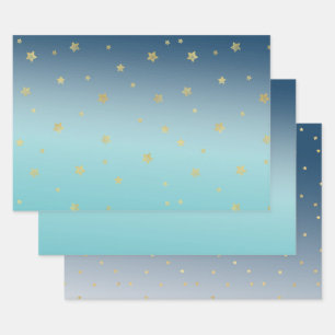 Feuille De Papier Cadeau Etoiles d'or bleu Aqua