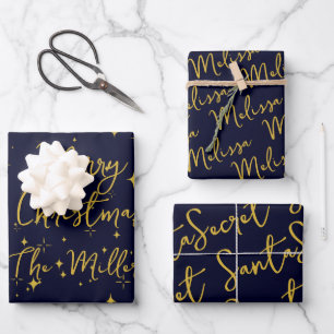 Feuille De Papier Cadeau Étoiles d'or et étincelles Personnalisées en bleu