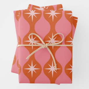 Feuille De Papier Cadeau Étoiles du milieu du siècle sur ogee orange rose 