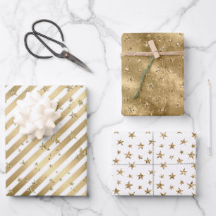 Feuille De Papier Cadeau Etoiles et rayures blanches d'or