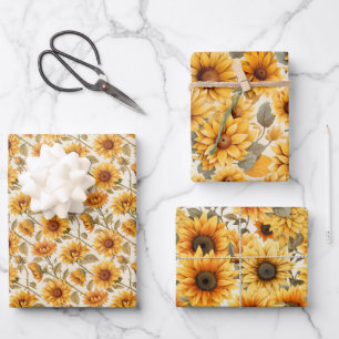 Feuille De Papier Cadeau Faded Rustic Pressé Tournesols Aquarelle Design