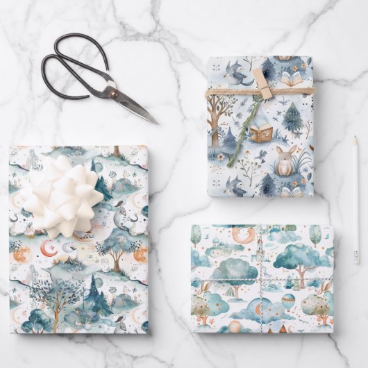 Feuille De Papier Cadeau Fairy Woodland Animals Blue (Recto)