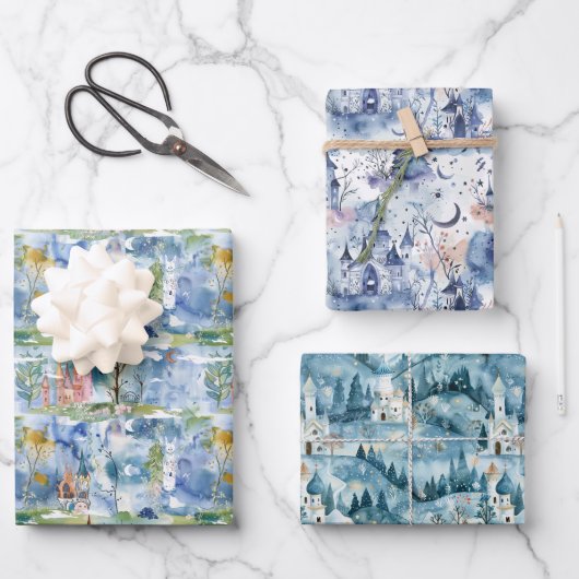 Feuille De Papier Cadeau Fairyland Castles Blue (Recto)