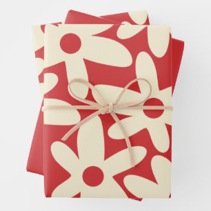 Feuille De Papier Cadeau Faisées rétros Motif Floral Rouge et Crème