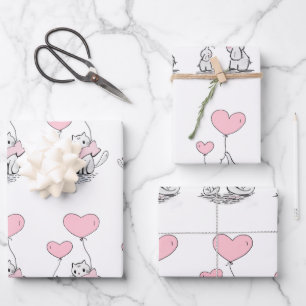 Feuille De Papier Cadeau Famille Animale Avec Ballons Coeur Rose