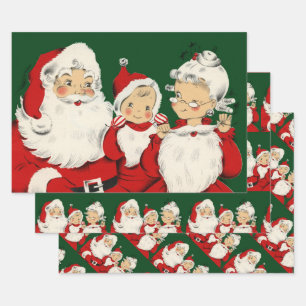 Feuille De Papier Cadeau Famille de Père Noël Rétro Milieu de Siècle – Kits