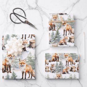 Feuille De Papier Cadeau Famille Renard Rouge Dans La Forêt