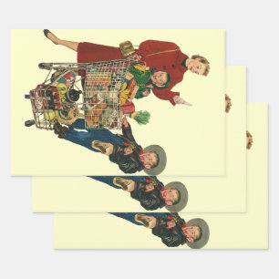 Feuille De Papier Cadeau Famille Rétro, Maman et Enfants Chariot de Courses