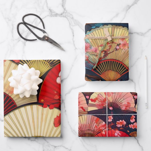 Feuille De Papier Cadeau Fans et fleurs (Recto)