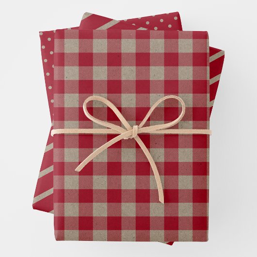 Feuille De Papier Cadeau Faux Kraft Paper With Plaid, Stripes & Polka Dots
