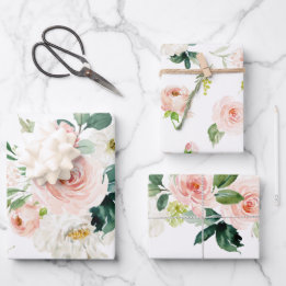 Feuille De Papier Cadeau Féminin rose poudré et floral aquarelle blanc