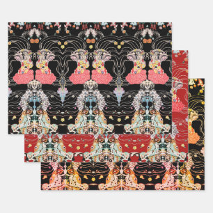 Feuille De Papier Cadeau FEMME, CENTAUR FLORAL Rouge Noir Blanc Motif Klimt