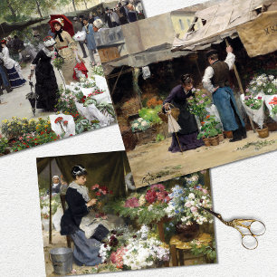 Feuille De Papier Cadeau Femme Vintage Marché aux Fleurs Paris Découpage