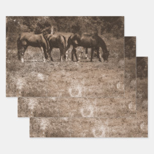 Feuille De Papier Cadeau Ferme de cheval Pays Vintage Rustique Sepia Ouest
