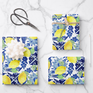 Feuille De Papier Cadeau Ferme Pays Russe Lemons Floral Bleu