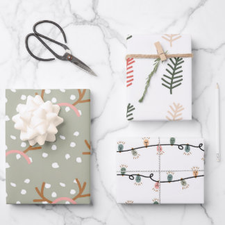 Feuille De Papier Cadeau Festif de Noël Floral et Lumières Ensemble de 3