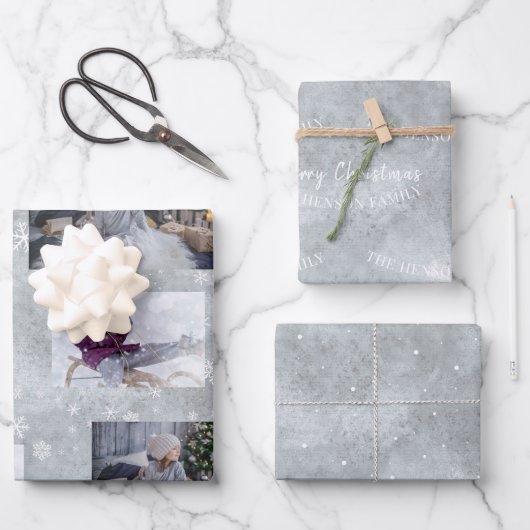 Feuille De Papier Cadeau Festif Grey Photo Snowflake Script de Noël (Recto)