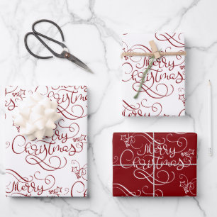 Feuille De Papier Cadeau Festif Joyeux Noël Fancy Script rouge
