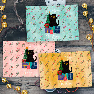 Feuille De Papier Cadeau Festif Joyeux Noël mignon Cat noir café Art