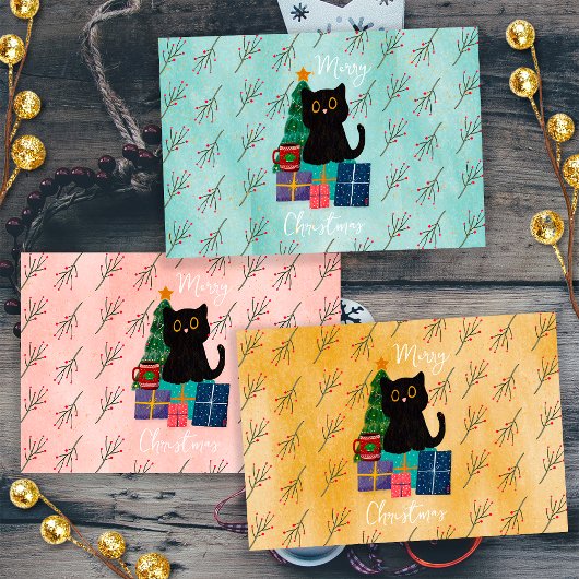 Feuille De Papier Cadeau Festif Joyeux Noël mignon Cat noir café Art