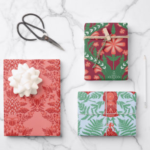 Feuille De Papier Cadeau Festif Noël Rouge et Motif vert