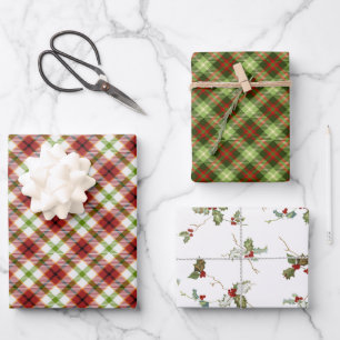 Feuille De Papier Cadeau Festif Noël rouge et vert plaid avec Holly