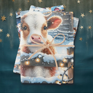 Feuille De Papier Cadeau Festif Vaches de campagne Noël