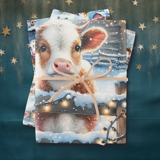 Feuille De Papier Cadeau Festif Vaches de campagne Noël