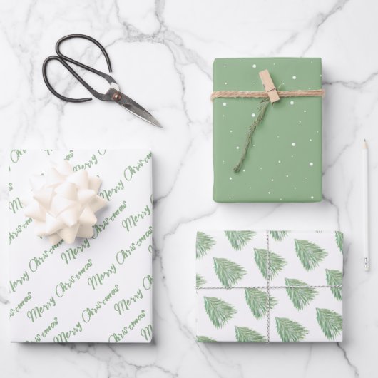 Feuille De Papier Cadeau Festif Vert Joyeux Arbre de Noël Aquarelle (Recto)
