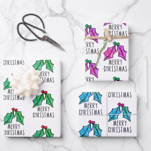 Feuille De Papier Cadeau Festin Aquarelle Holly Berries Noël (Recto)