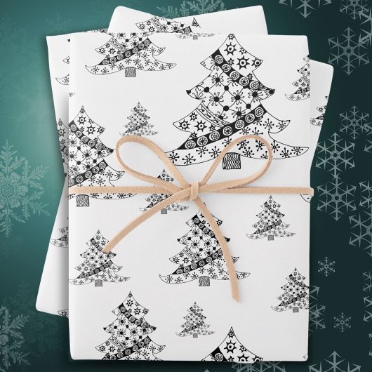 Feuille De Papier Cadeau Festive Noir et Blanc Noël Arbre vacances