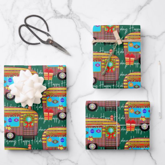 Feuille De Papier Cadeau Festive Retro Camper Joyeux vacances (Recto)